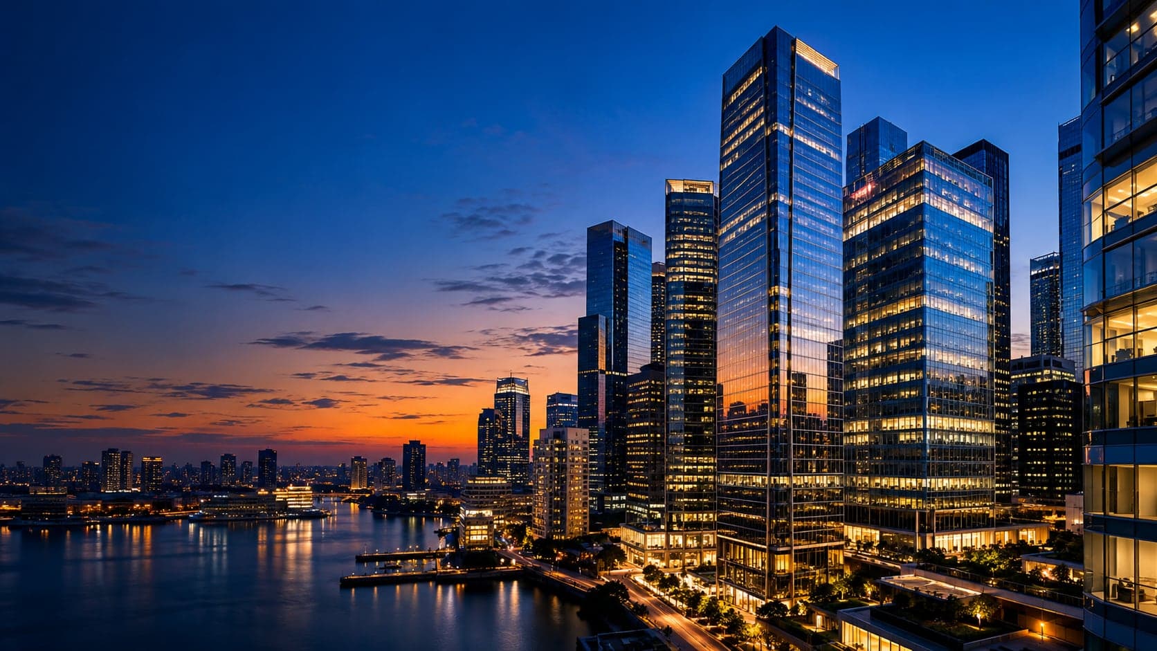 Glass office towers lit up along the waterfront at dusk