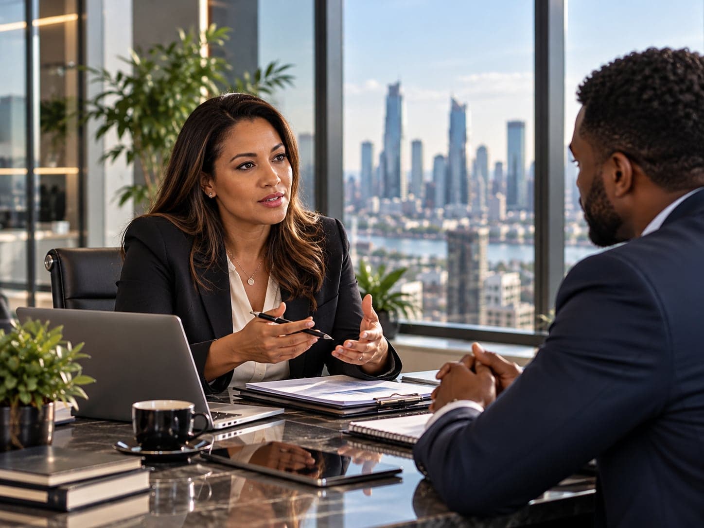 A recruitment consultant in conversation with a professional in a city office