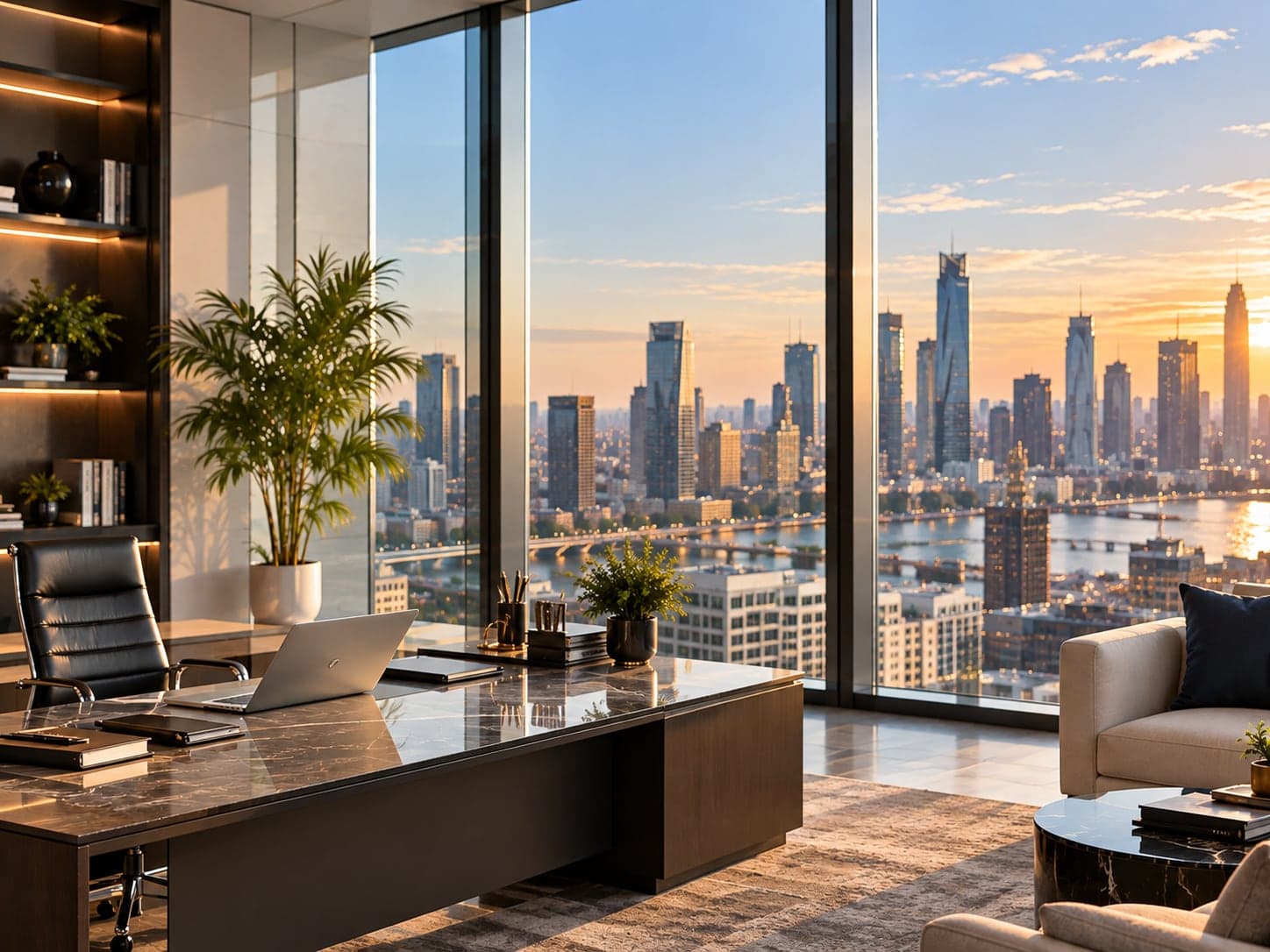 A modern executive office overlooking the city skyline at sunset