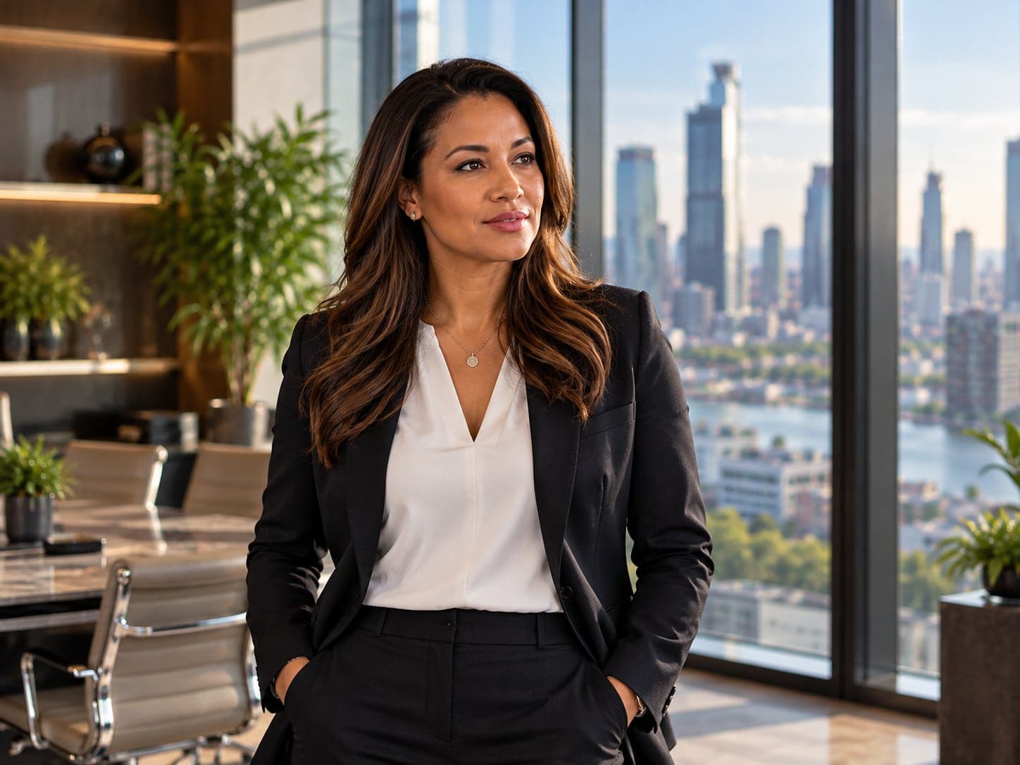 A recruitment consultant standing in an office with a view of the city